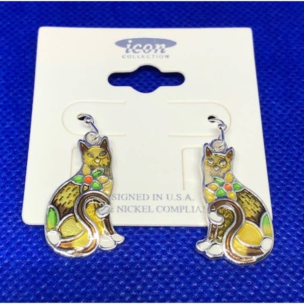 Icon Collection Cloisonne Enamel Cat Earrings Fishhook French Hook